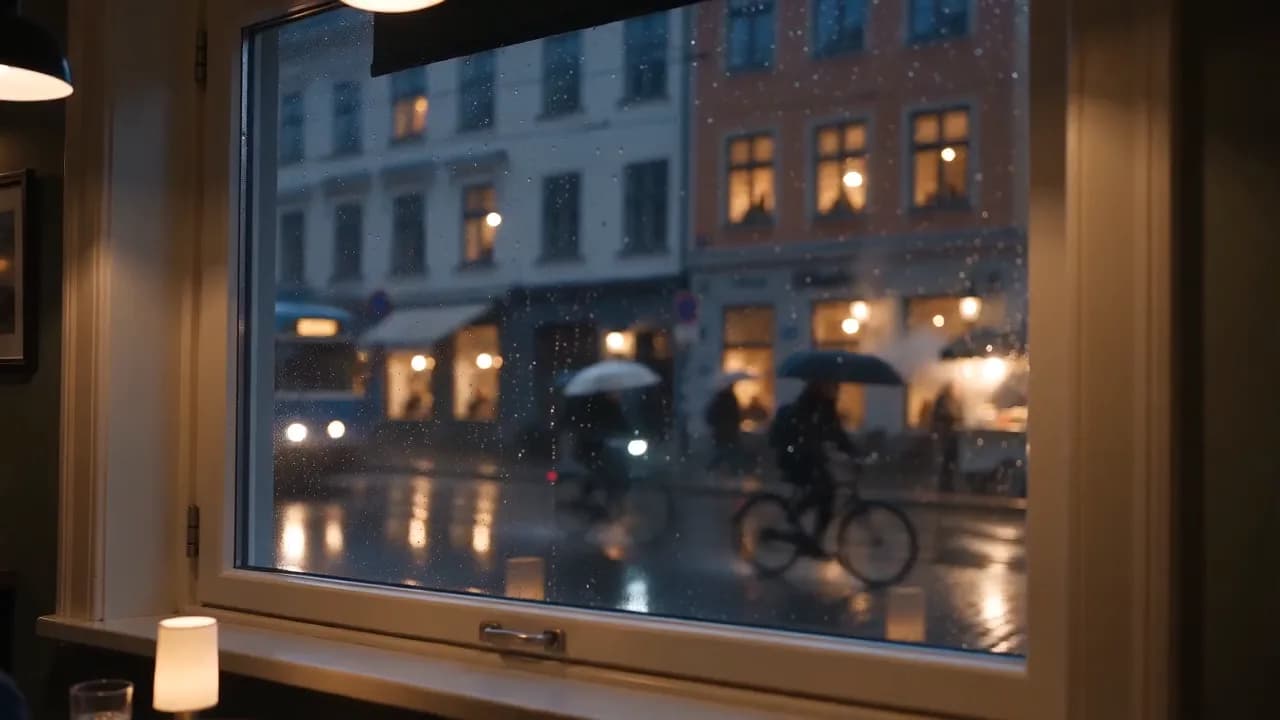 Utsikt fra et kafévindu mot en travel gate i Oslo i regnvær, med blå trikk og syklister